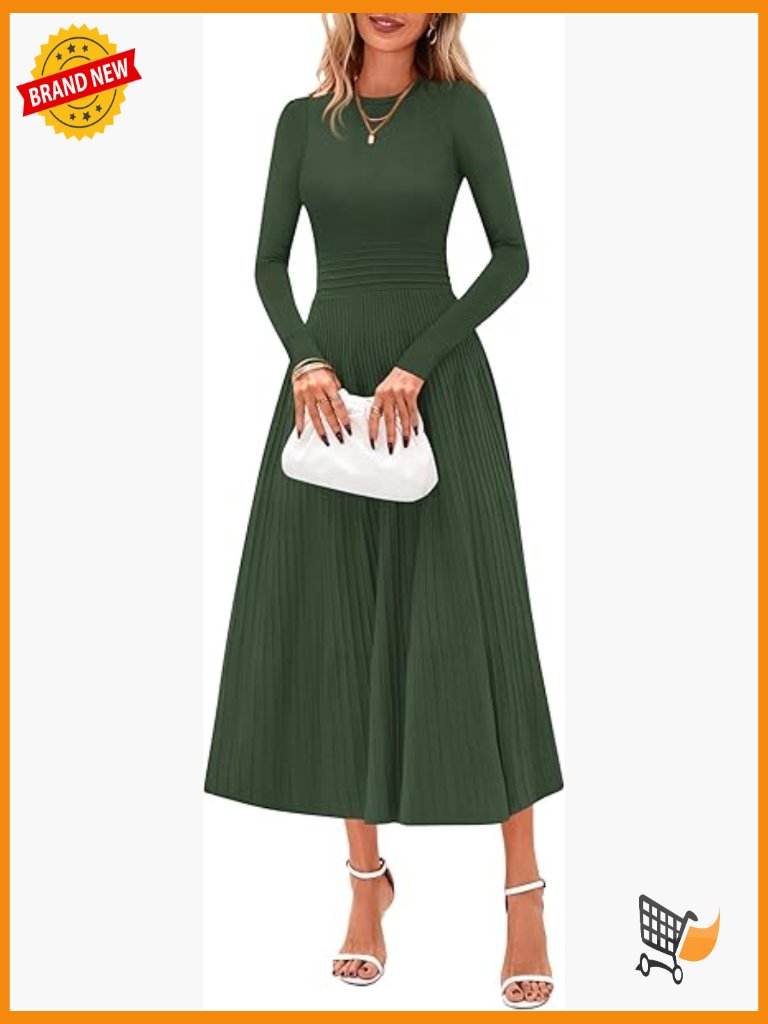Long Sleeve Crew Neck Midi Knit A-Line Sweater Dress